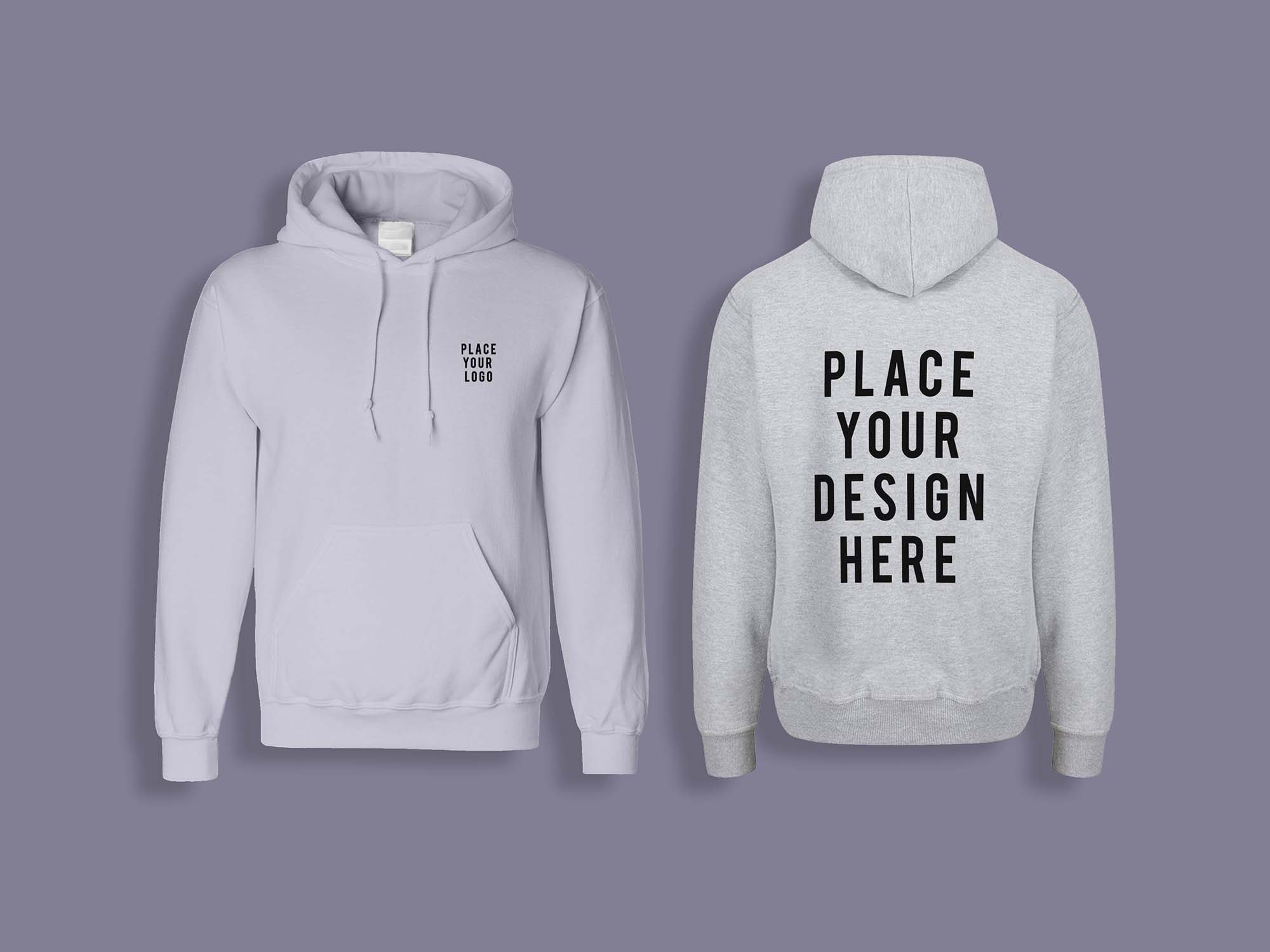 White hoodie mockup variant showing the front view with customizable design areas.
