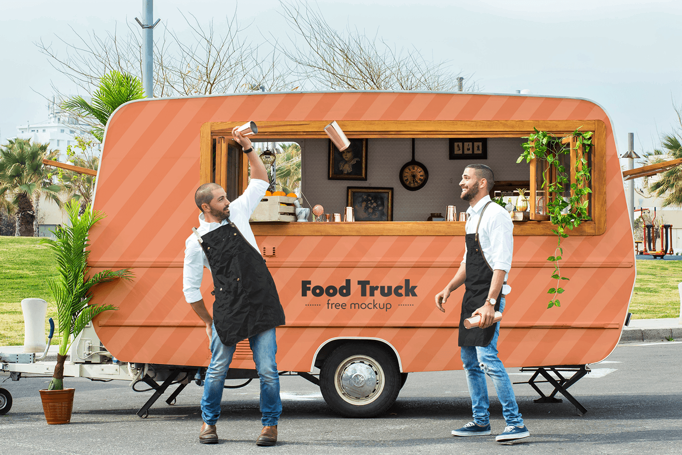 Food Truck with Two Bartenders mockup