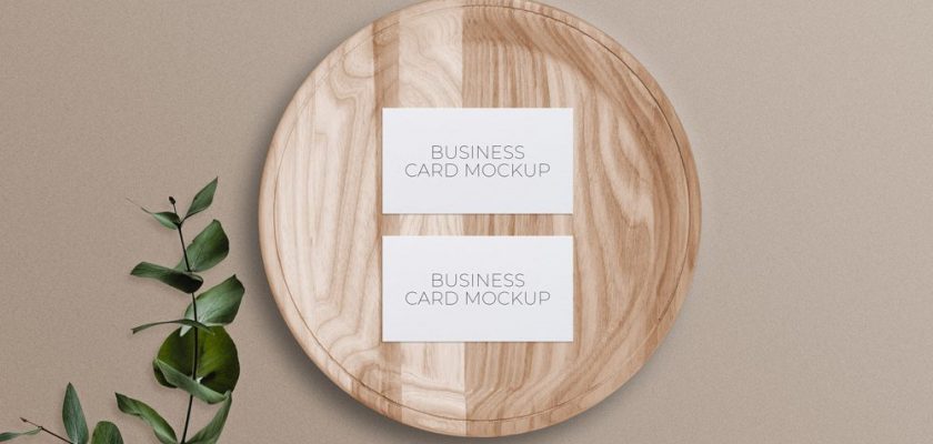 Business card mockup on a wooden tray