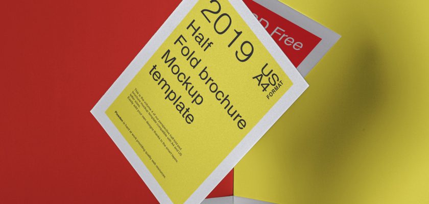 Half Fold Brochure Mockup against a vibrant red and yellow backdrop