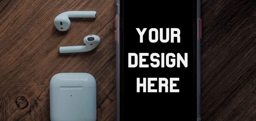 Free iPhone Mockup with AirPods on a Wooden Table