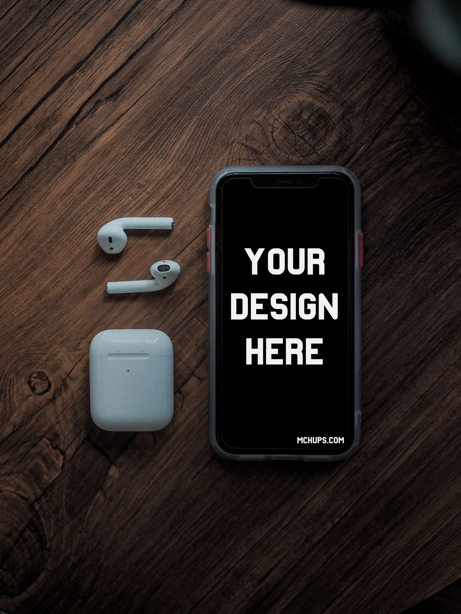 Free iPhone Mockup with AirPods on a Wooden Table