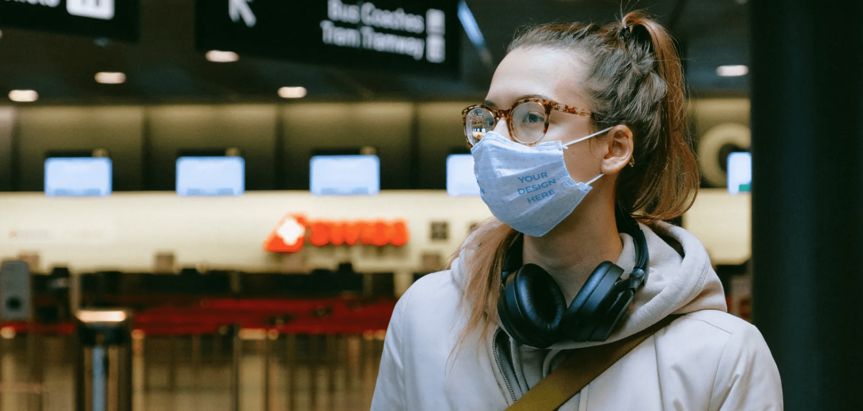 Download Woman Wearing a Face Mask at the Airport Free Mockup ...