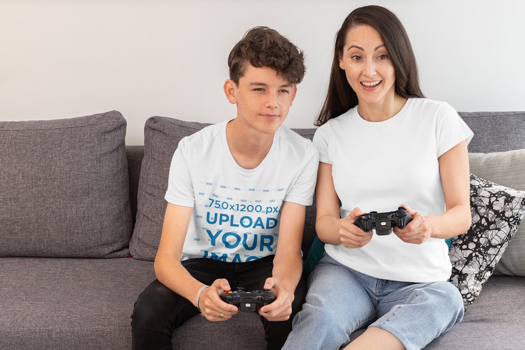 T-shirt mock-up with a child and his mother playing video games