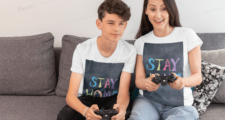 T-shirt mock-up with a child and his mother playing video games
