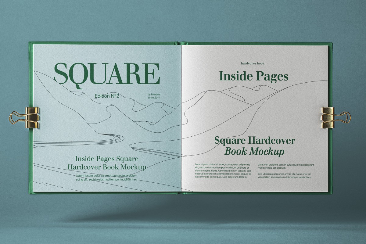 Download free open square hardcover catalog mockup, showcasing realistic texture and shadows, perfect for design presentations.