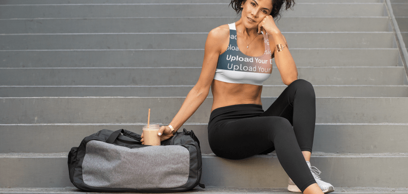 Sports bra Mockup with a fit woman near the staircase