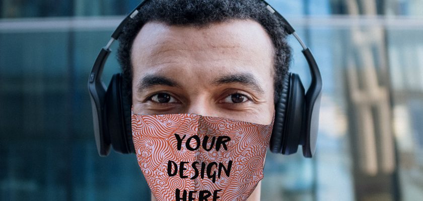 Face Mask Mockup on a Guy with Headphones