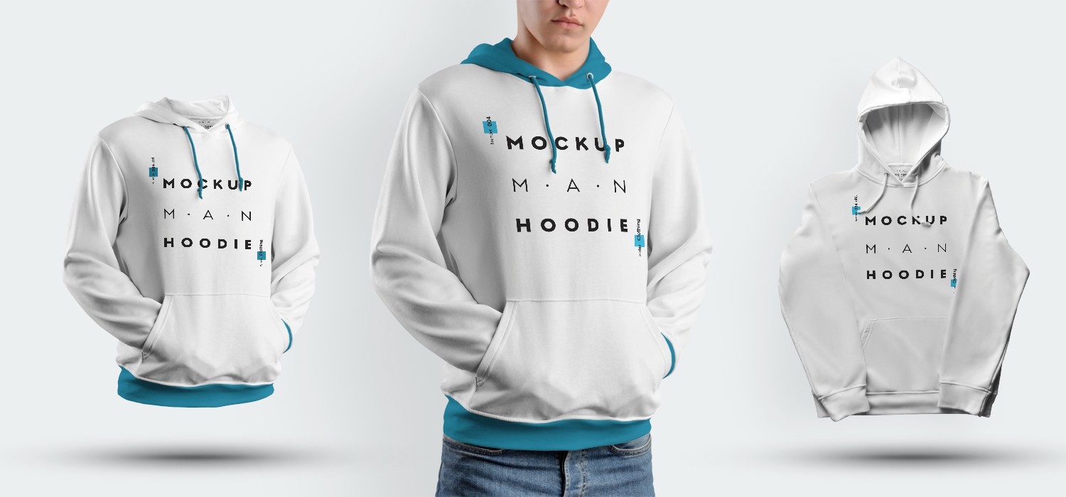 Blank hoodie mockup template showcasing a young man against a solid color background.