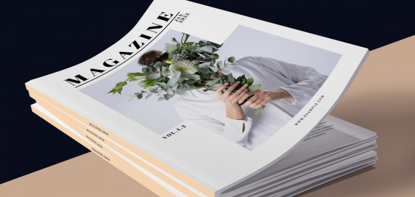 Free Floral Magazine Mockup with a flower bouquet, showcasing a magazine design