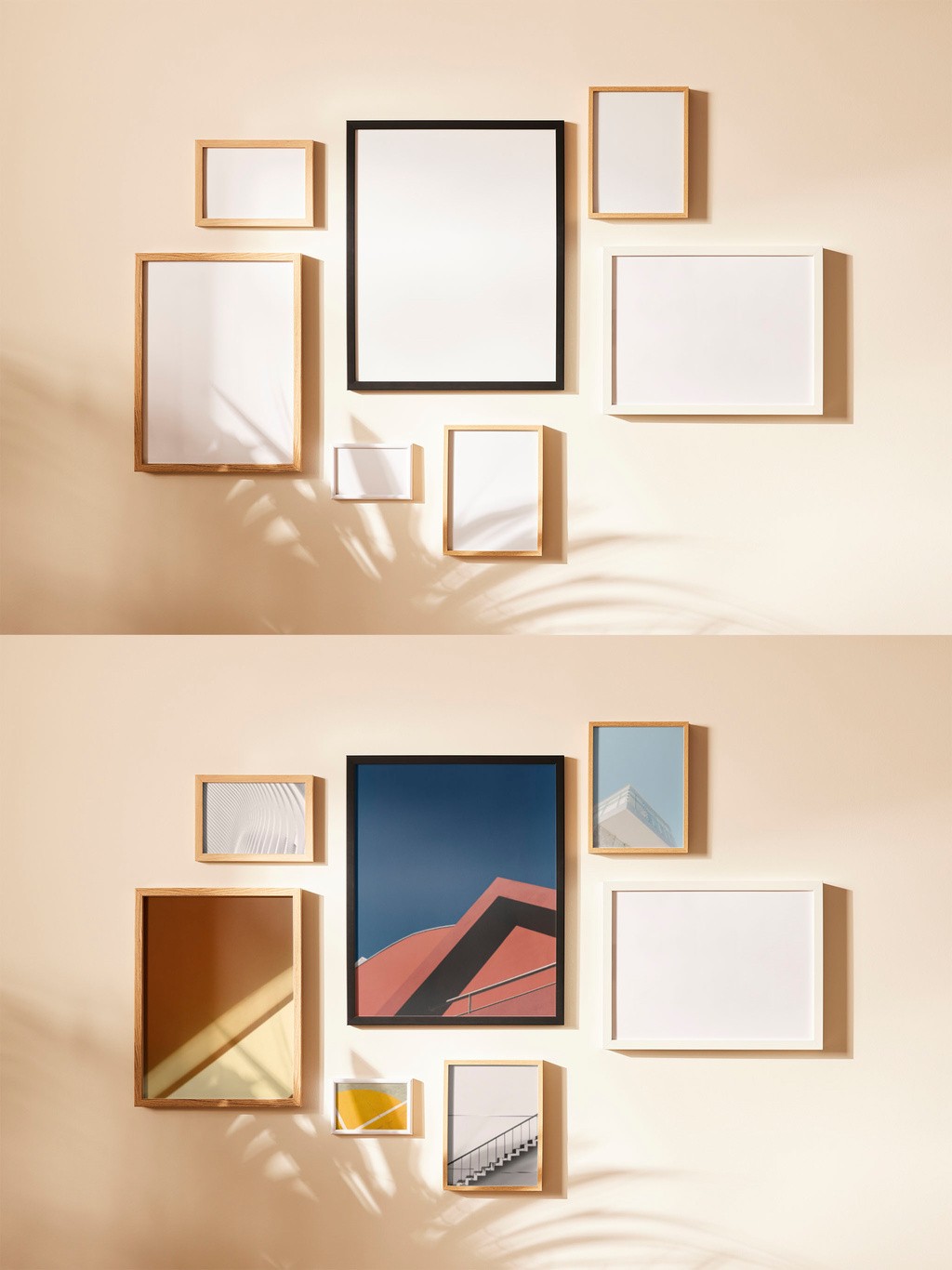 Photo Frame Gallery Wall Mockup featuring a collection of wooden photo frames arranged on a wall, showcasing art, photos, and products in a realistic gallery setting.