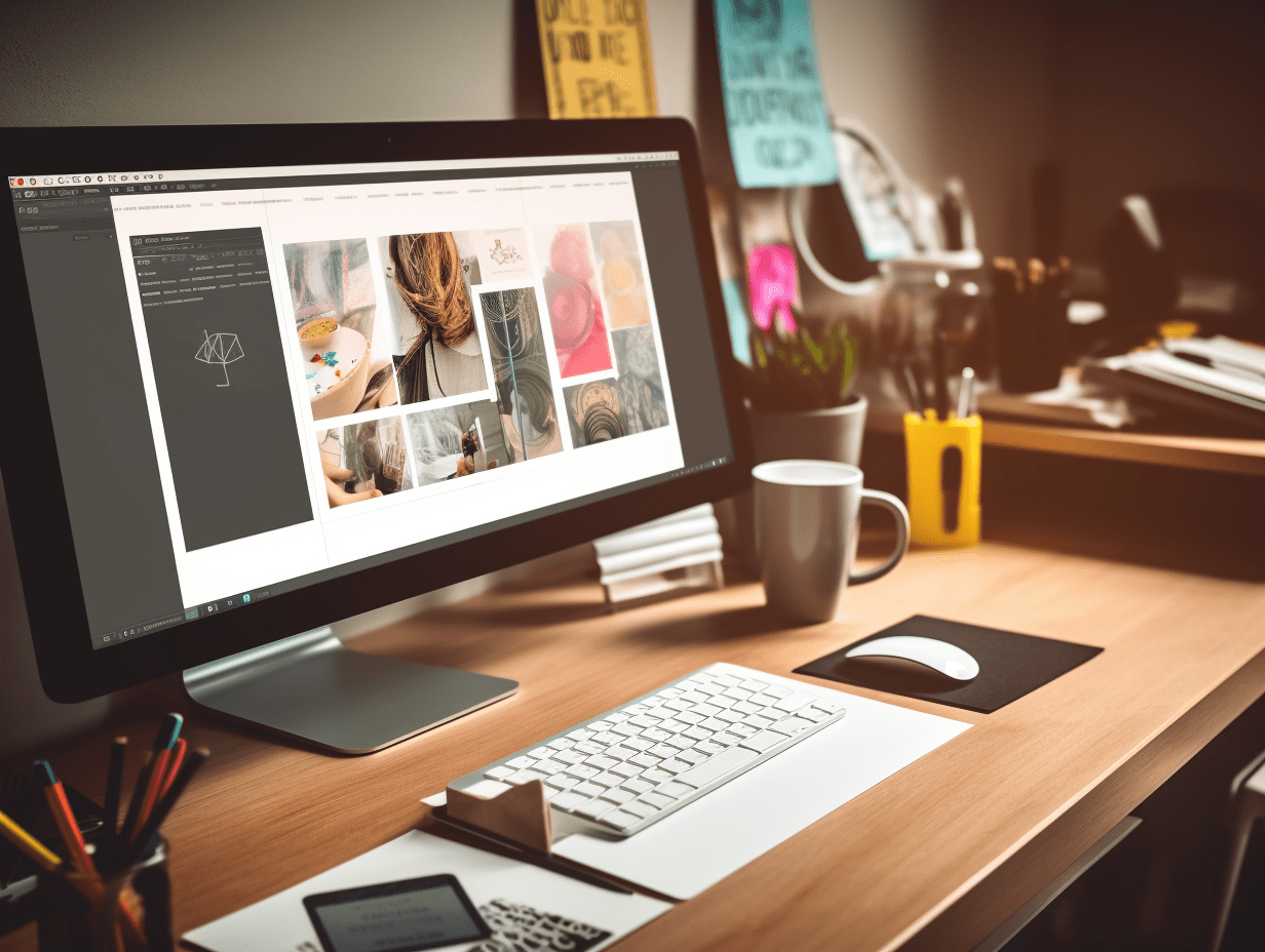 Designer workspace featuring Adobe Photoshop interface with a mockup design using Smart Layers, surrounded by essential design tools and elements