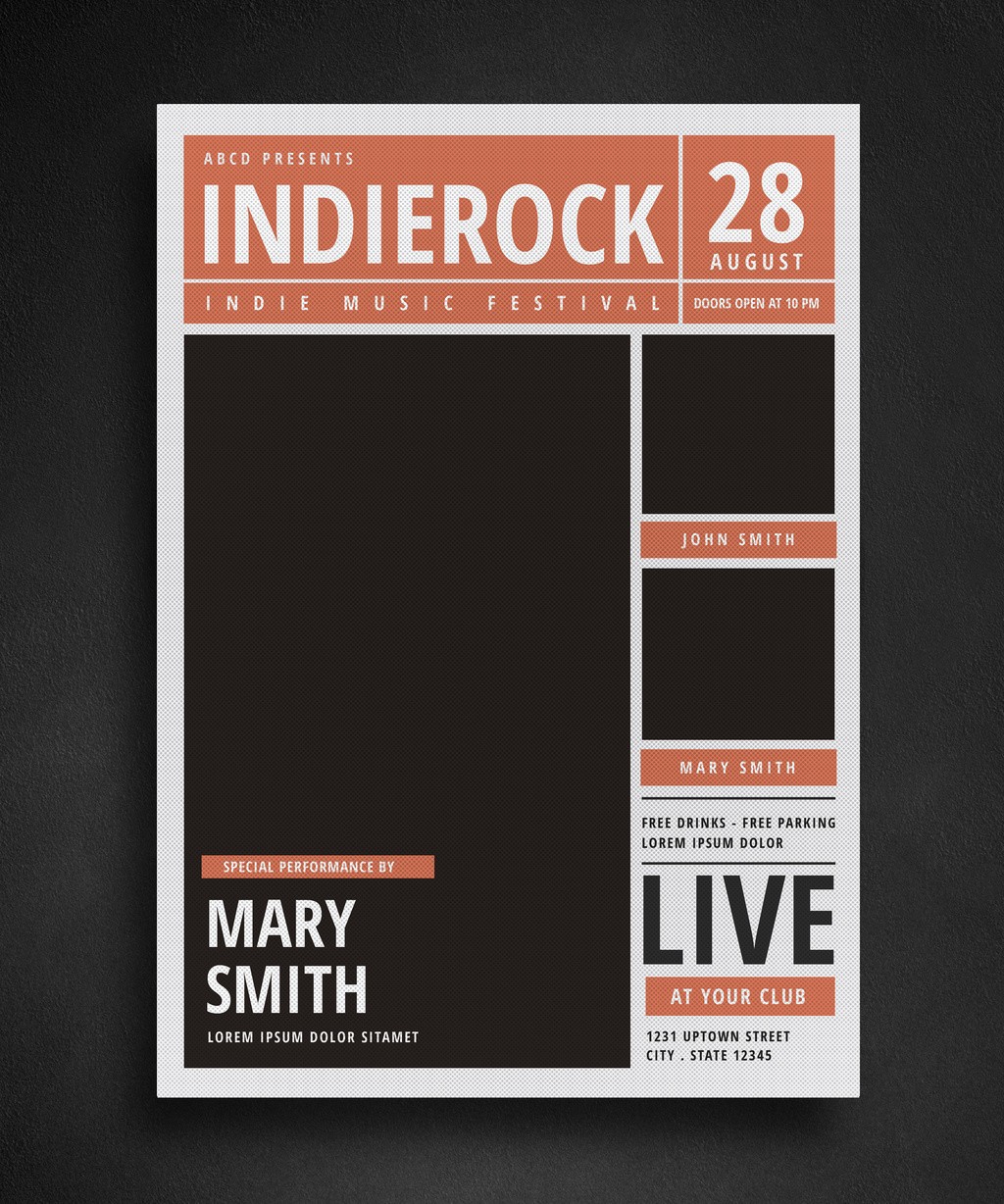 Indie rock band performing on a newspaper-style flyer template, ready for customization and promotion of music events.