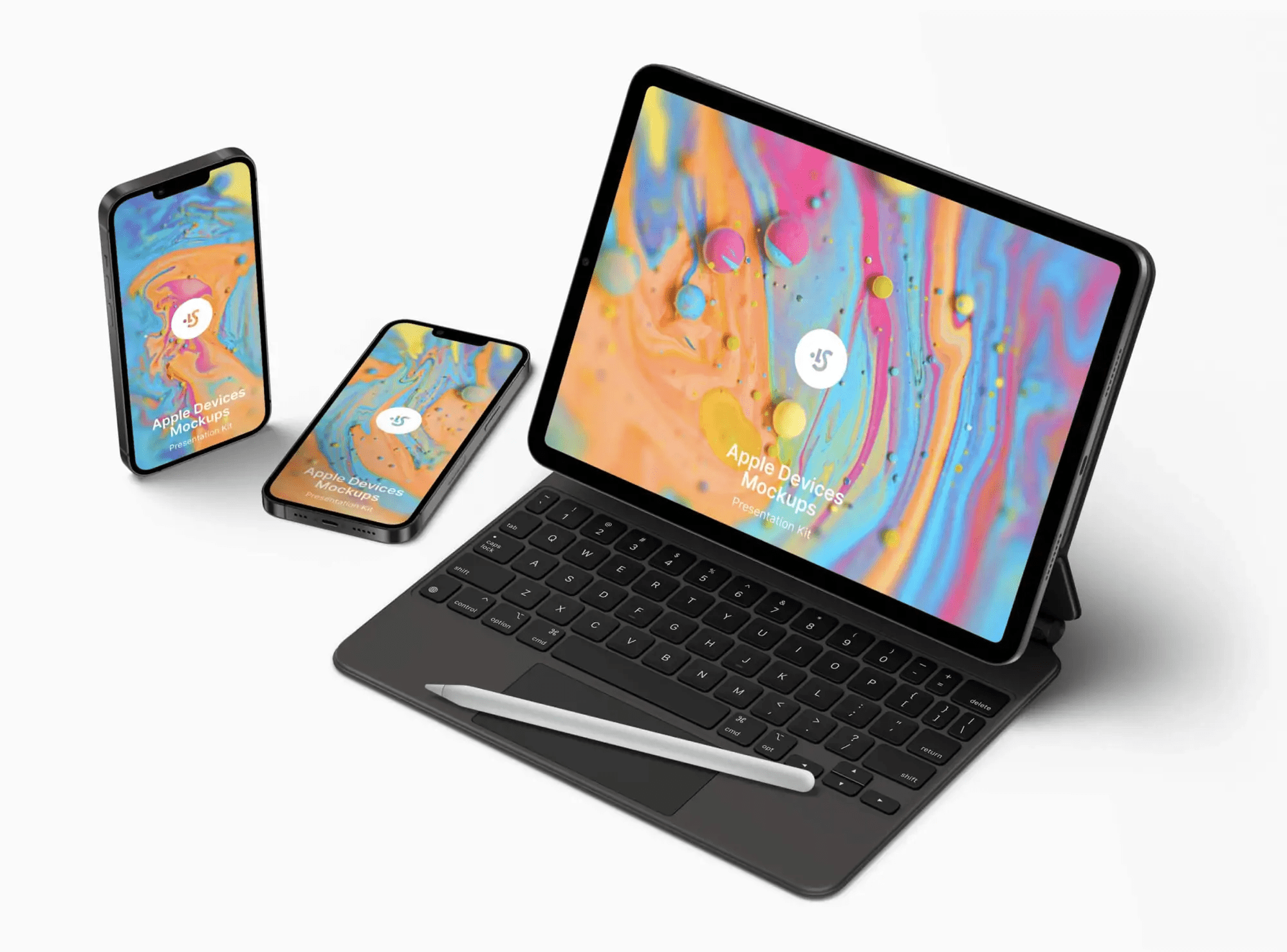 Free iPad Pro and iPhone mockups in Clay and Realistic versions on a flat vector background for showcasing app or website designs.