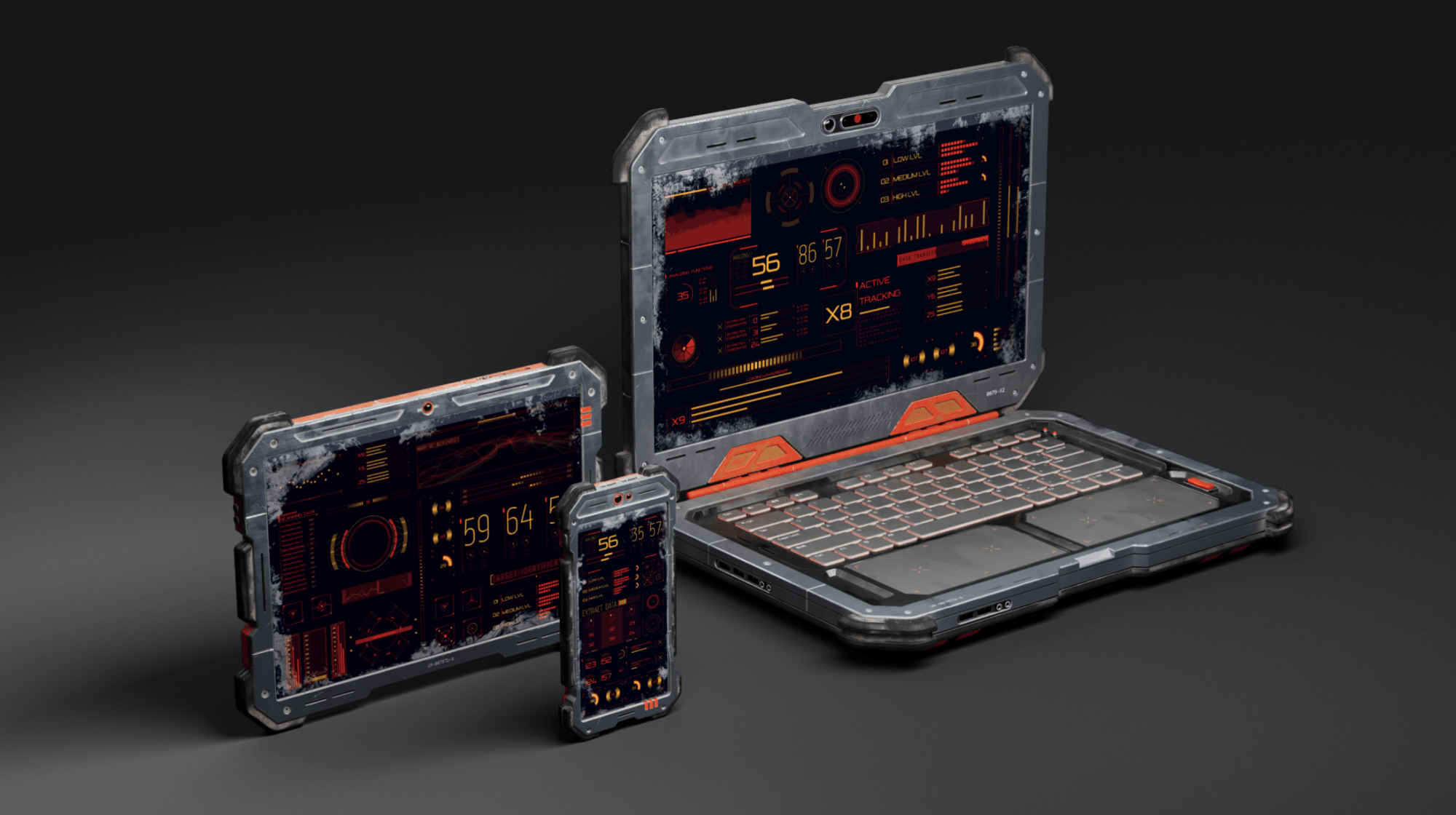 Cyber devices free mockup by Rado Török, showcasing multiple devices in a futuristic setup.