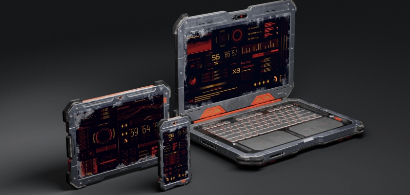 Cyber devices free mockup by Rado Török, showcasing multiple devices in a futuristic setup.