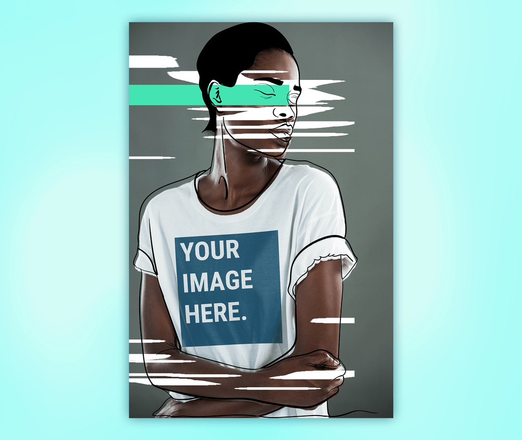 T-shirt mockup with colorful accents and line art, showcasing an androgynous model