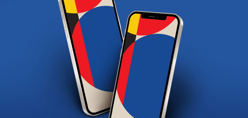 Modern iPhone mockup showcasing a dynamic design on its screen against a contemporary backdrop.