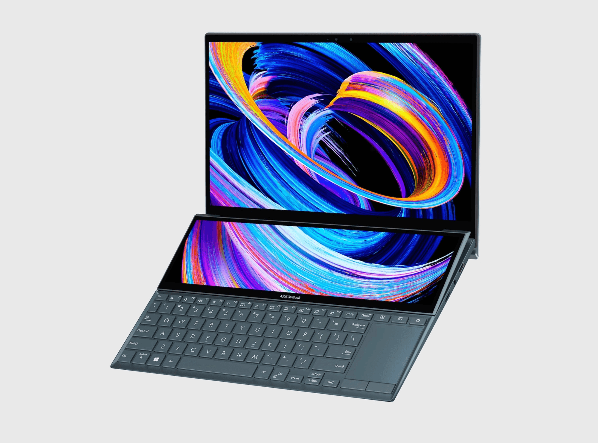 High-quality Zenbook Duo 14 Mockup displayed in Photoshop, Figma, and Sketch interfaces.