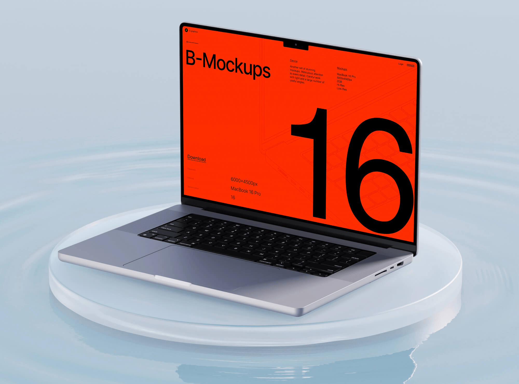 MacBook 16 Pro displayed in a stylish environment with a vivid digital design on the screen.