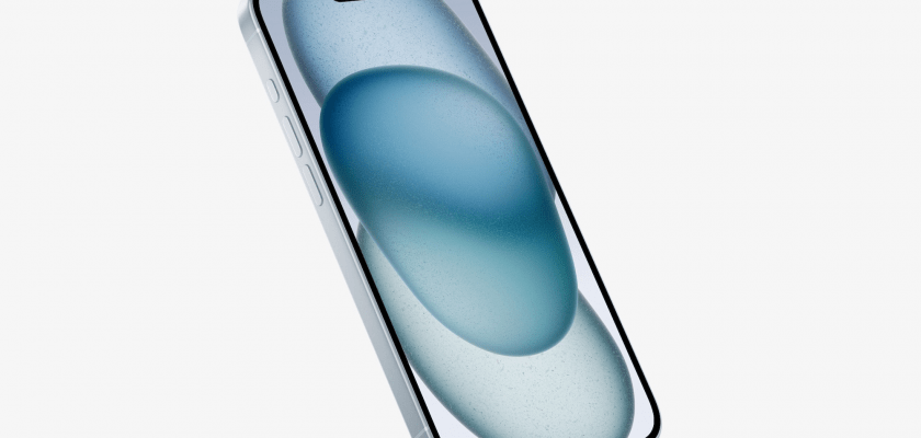 High-resolution mockup of the iPhone 15 with a blue gradient screen, highlighting its sleek design and thin bezel.