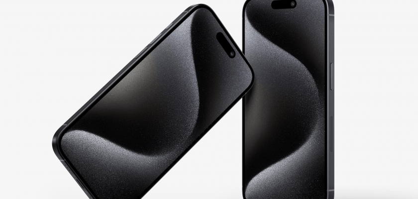 Two iPhone 15 Pro devices in black, one tilted and one upright, showcasing their sleek design with a glossy finish against a white background.