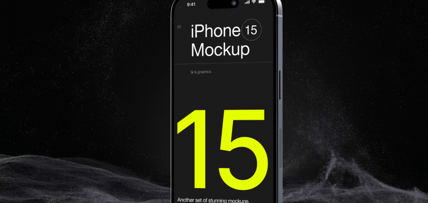 Free iPhone 15 Pro mockup displayed against a stellar backdrop, showcasing its vibrant screen and sleek design.