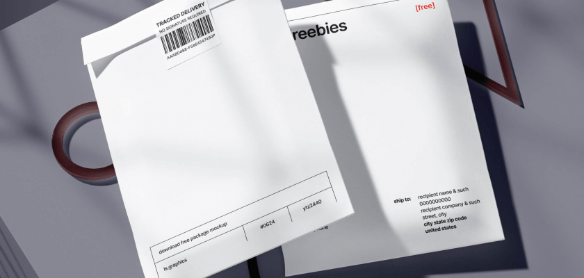 Two white paper postal packages mockup displayed in a dynamic angle against a gray background.