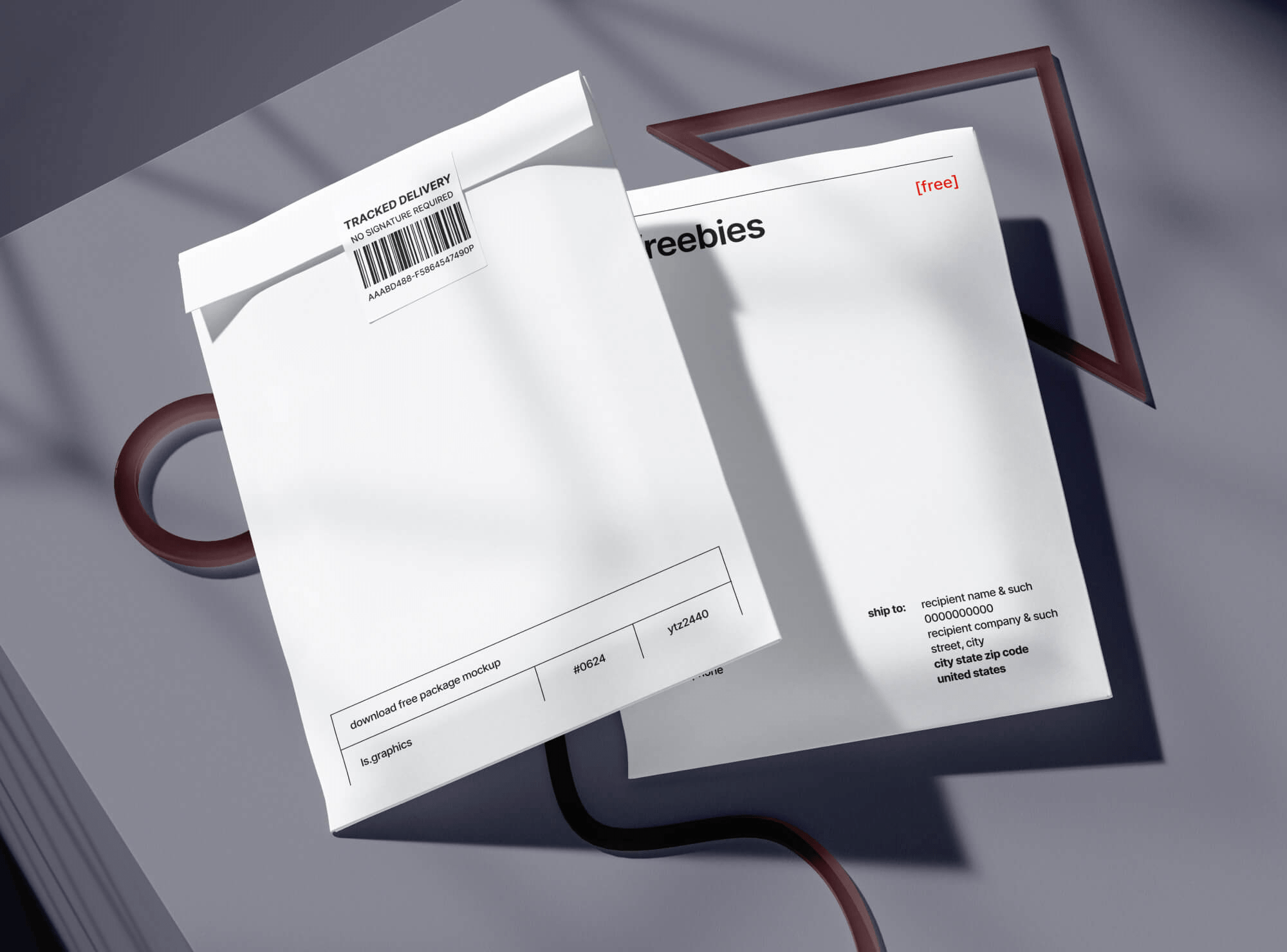 Two white paper postal packages mockup displayed in a dynamic angle against a gray background.