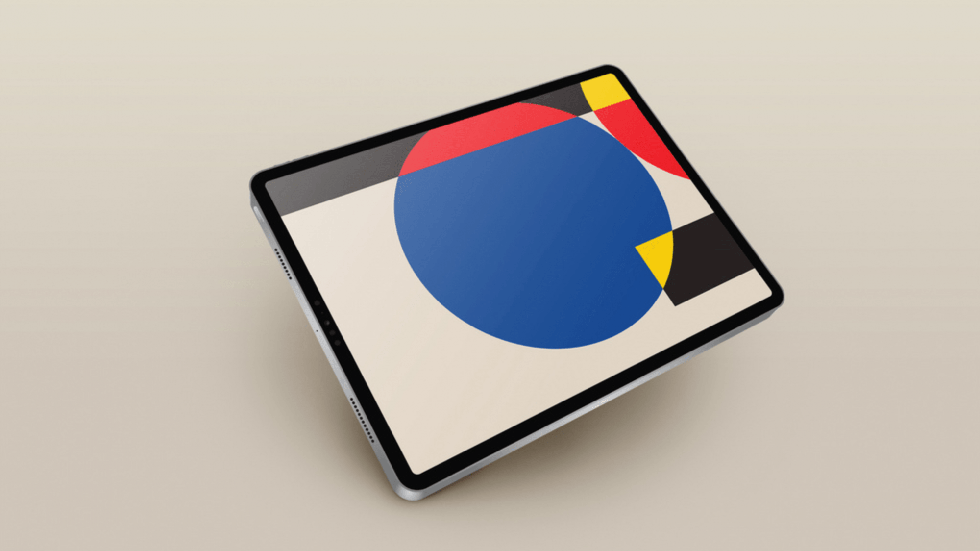 iPad Pro with abstract art overlay, showcasing a 1920x1080px modern tablet mockup