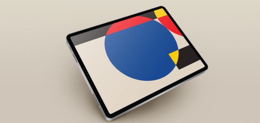 iPad Pro with abstract art overlay, showcasing a 1920x1080px modern tablet mockup