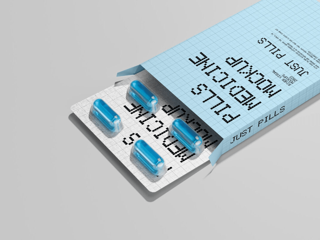 Open pill packaging mockup with customizable blister and box design against a changeable background.