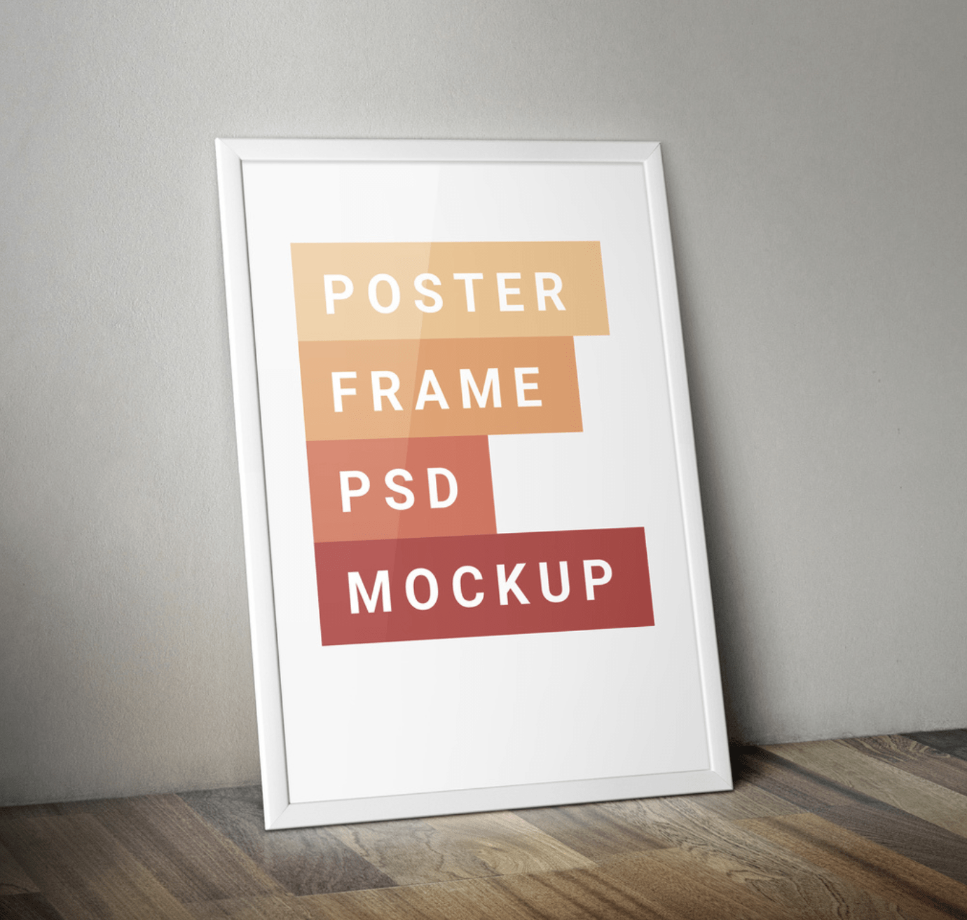 A realistic leaning poster frame mockup set against a neutral wall, demonstrating a vertical and horizontal frame option.