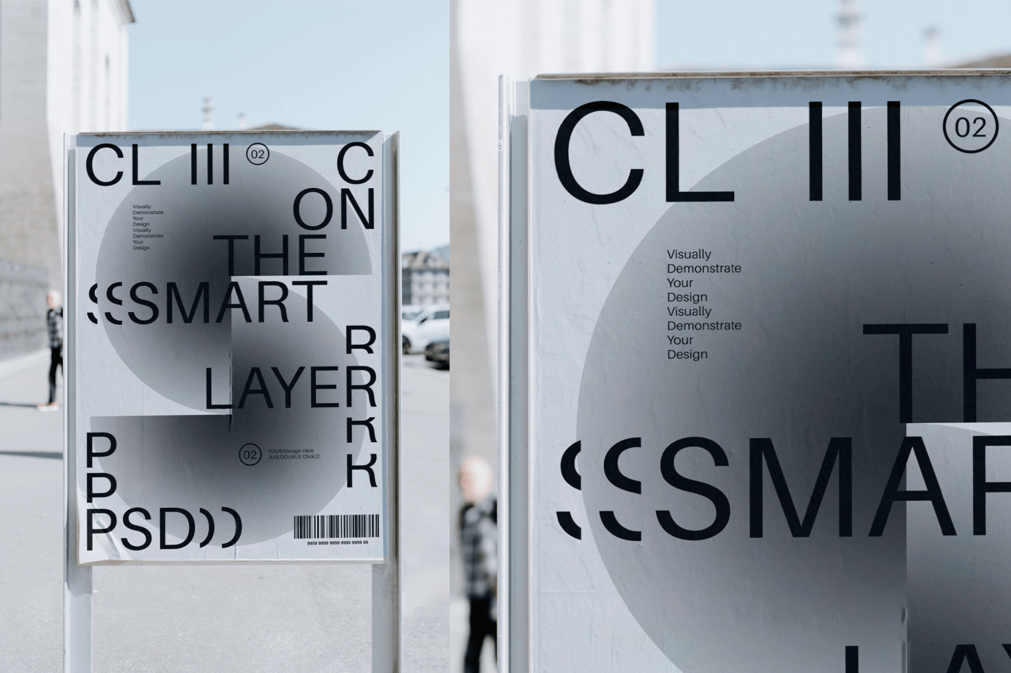 An urban outdoor poster mockup showcasing a large metal frame advertising display on a city street.