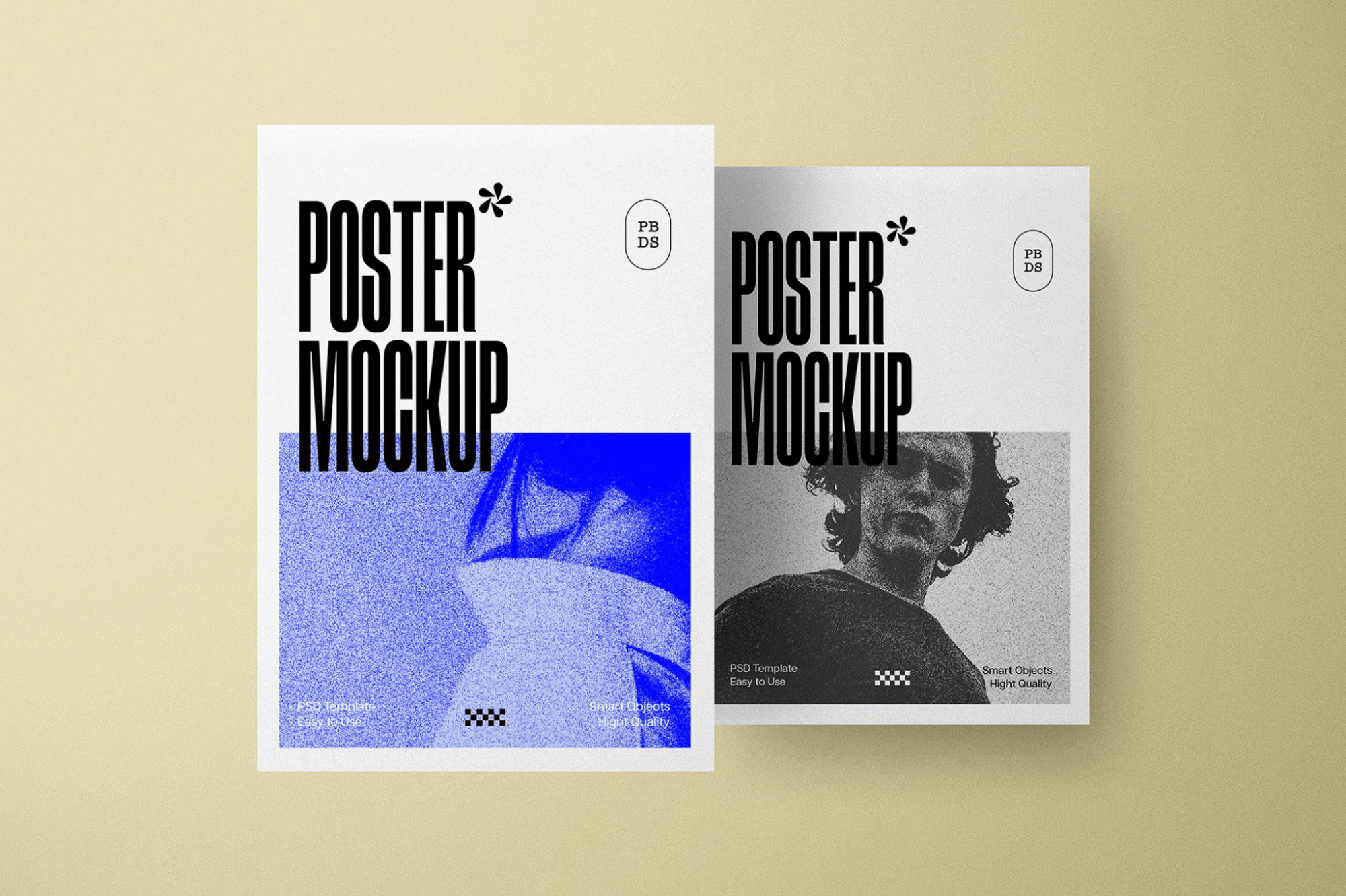 Two high-quality realistic poster mockups on a neutral backdrop featuring minimalist design elements and smart object layers.