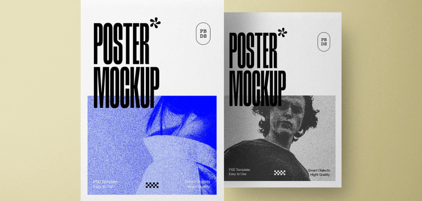 Two high-quality realistic poster mockups on a neutral backdrop featuring minimalist design elements and smart object layers.