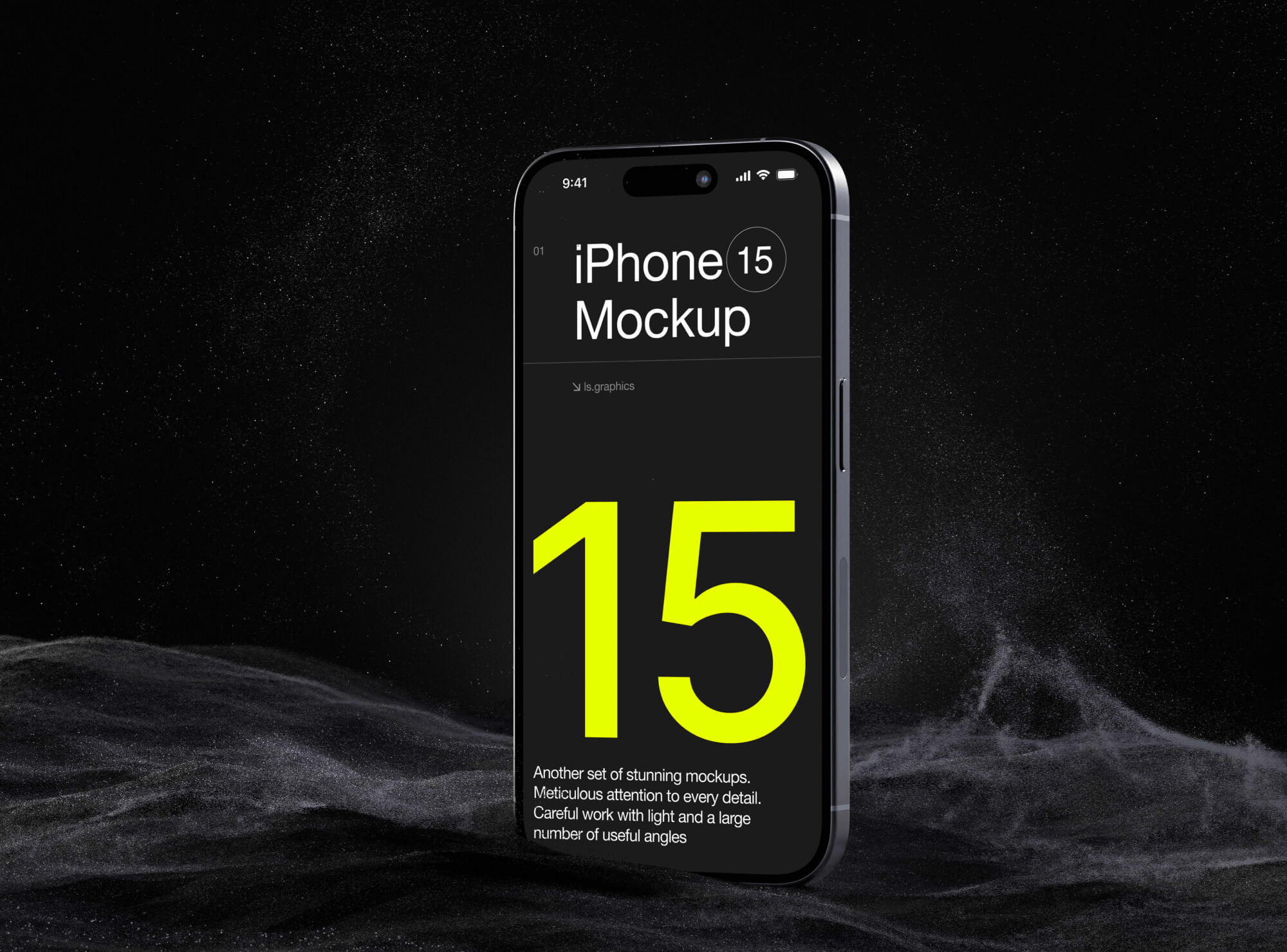 High-resolution iPhone 15 Pro mockup in a dark, elegant setting, ideal for showcasing app designs.