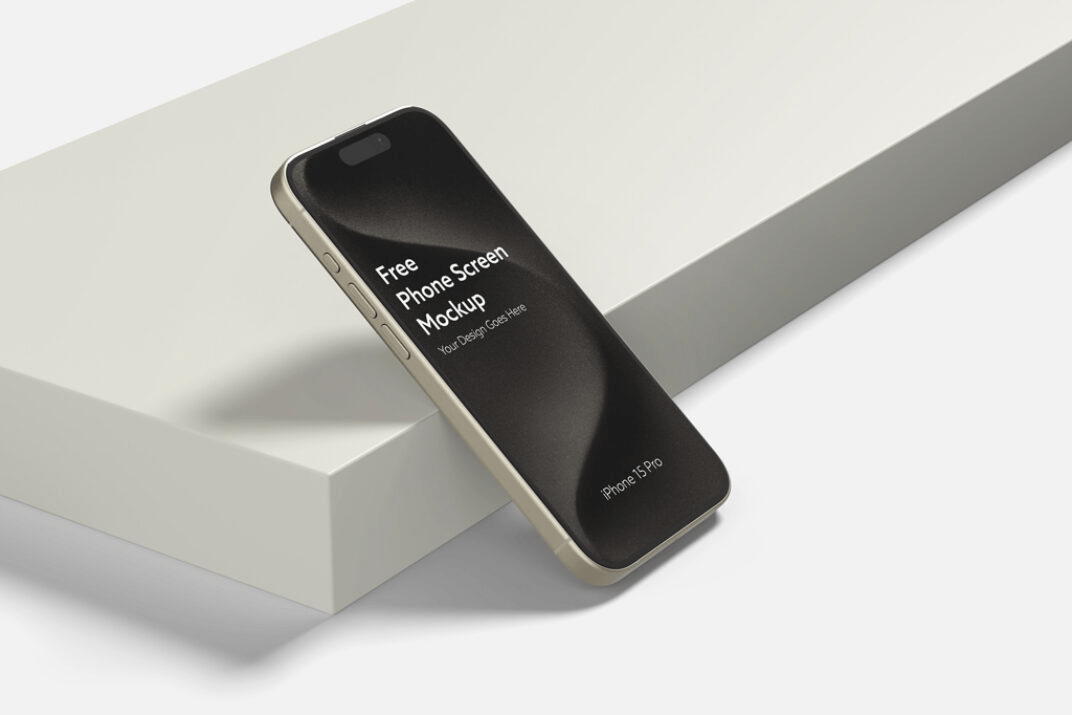 Sleek iPhone 15 Pro Max mockup resting on a minimalist white platform with customizable background colors, available for free download.