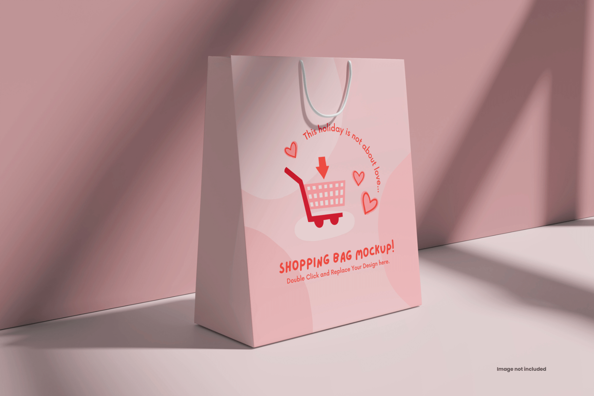 A pale pink paper shopping bag mockup cast in soft lighting, placed against a matching background, ready for branding.