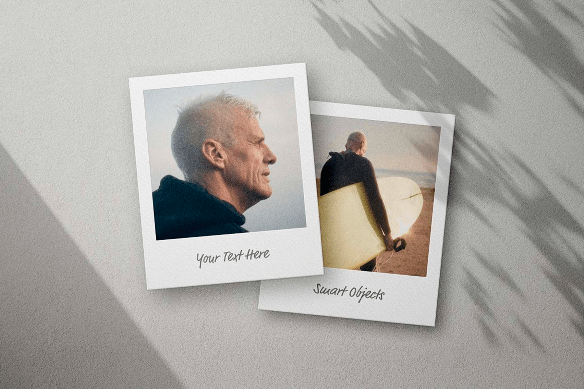 Two Polaroid-style photo mockups with shadow overlay, capturing nostalgic memories, set against a textured wall.