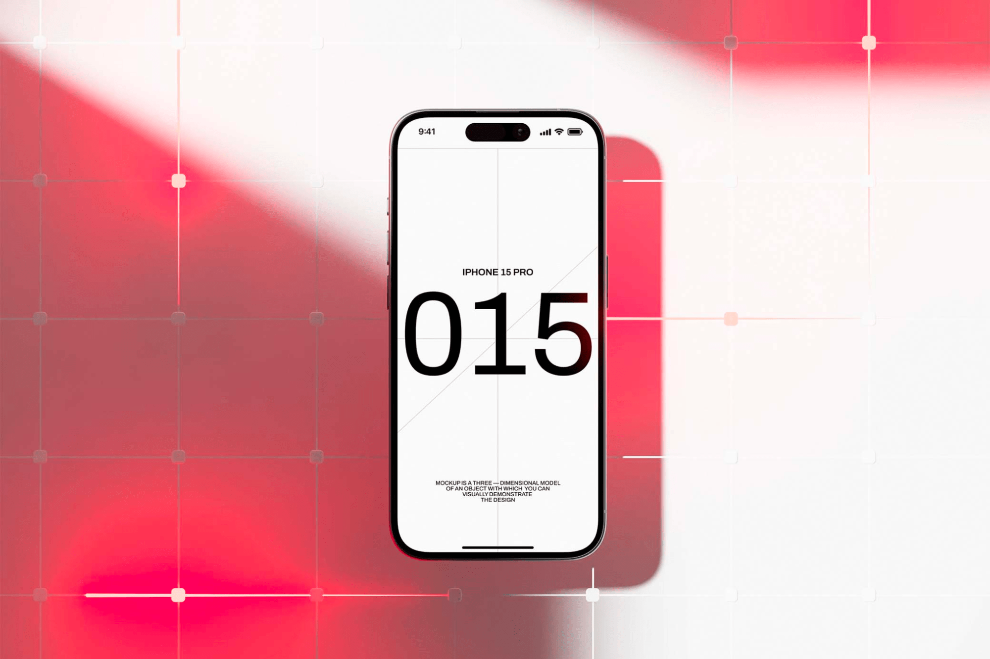 iPhone 15 Pro mockup on a red and white futuristic background with editable features.