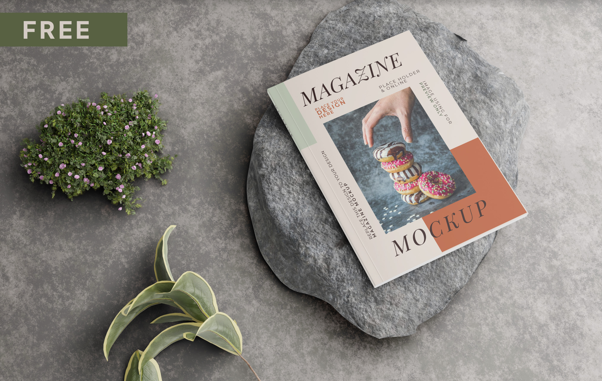 Magazine Mockup with Natural Stone and Flora
