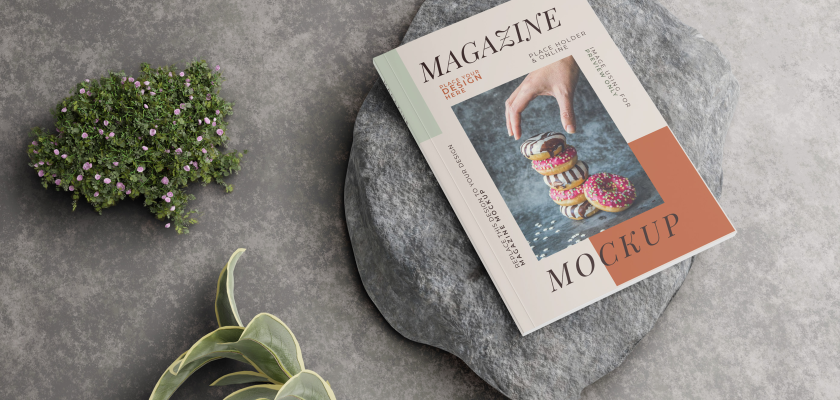 Magazine Mockup with Natural Stone and Flora