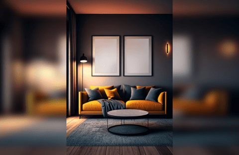 Free living room poster frame mockup