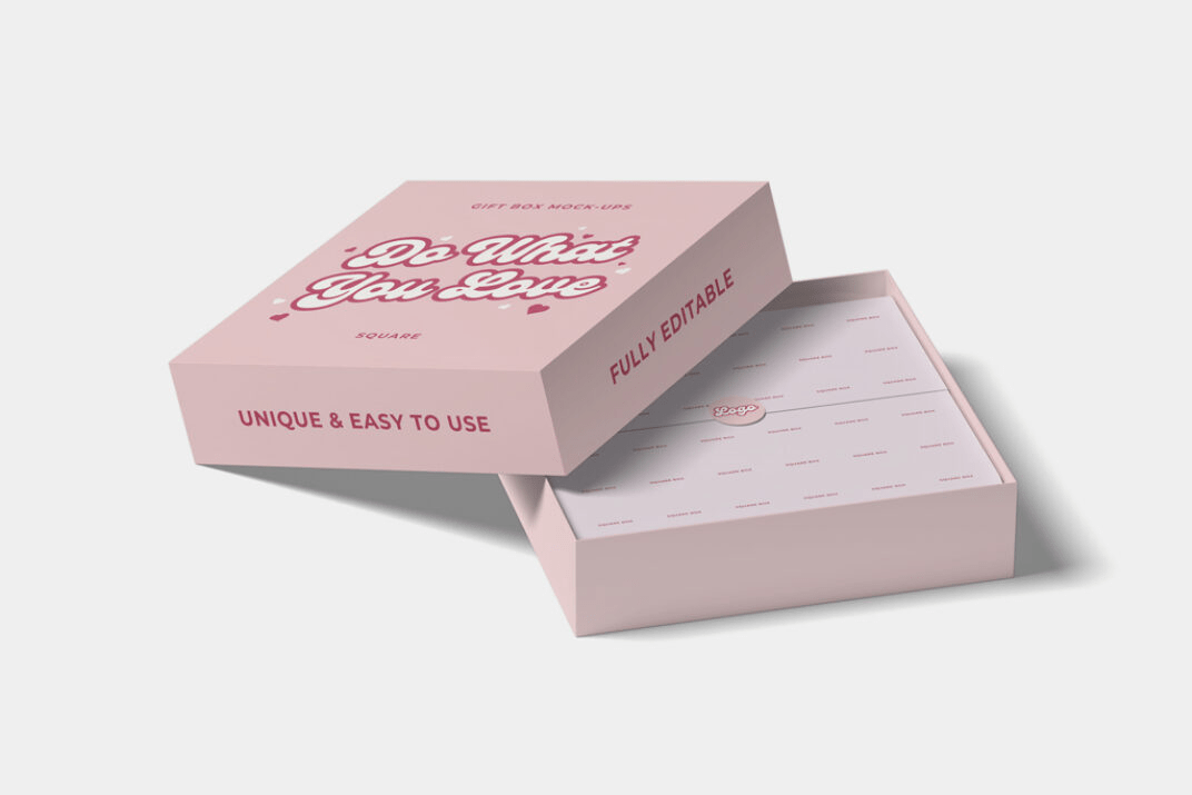Free customizable pink square gift box mockup with editable wrapping paper