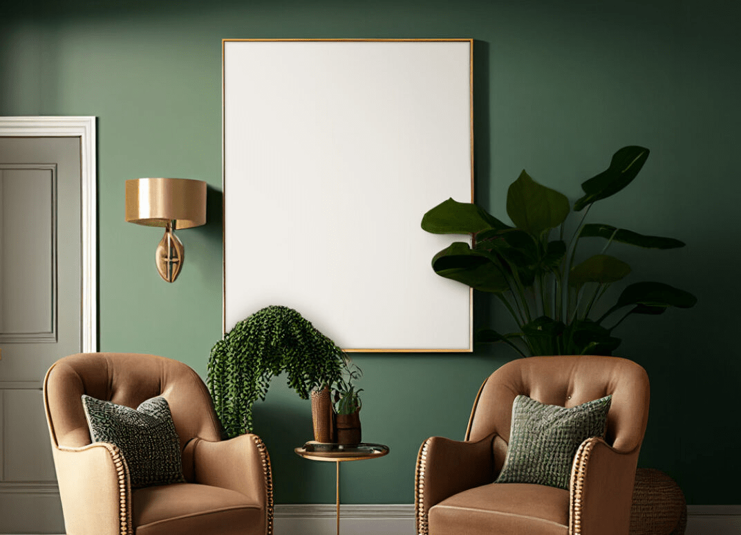 A blank white canvas on a green wall in a living room with two armchairs, a plant, and a table with a lamp.