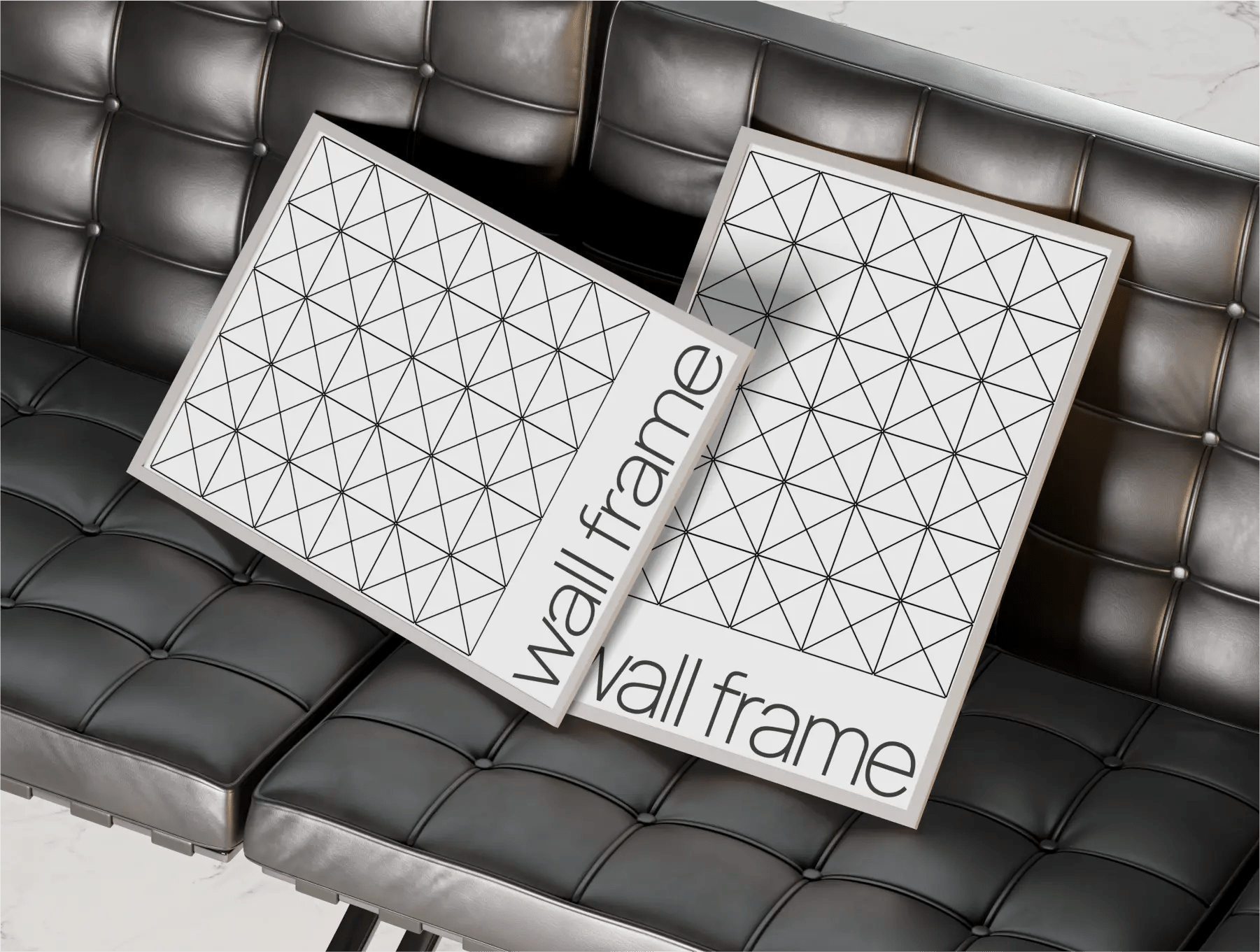 Picture frame mockup featuring customizable frames on a black leather couch in a luxurious setup.