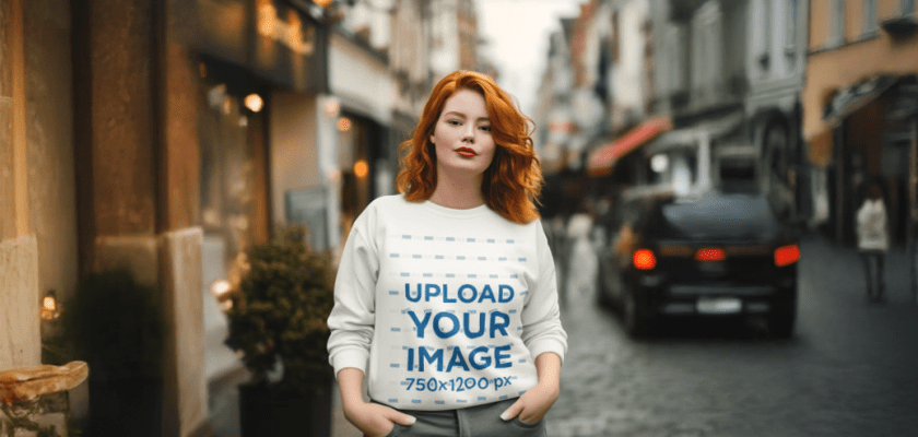 Sweatshirt Mockup – Red-Haired Woman in a Street Scene