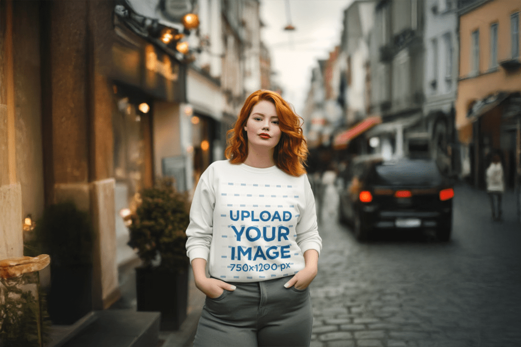 Sweatshirt Mockup – Red-Haired Woman in a Street Scene