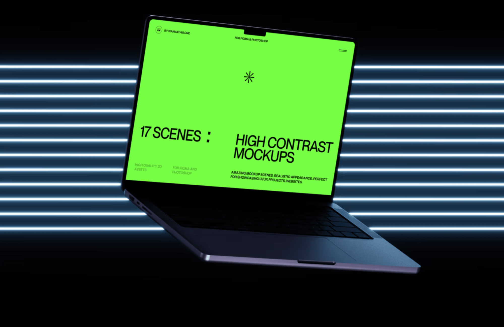 Free MacBook mockup with neon stripes background, floating mid-air for showcasing futuristic UI/UX designs.